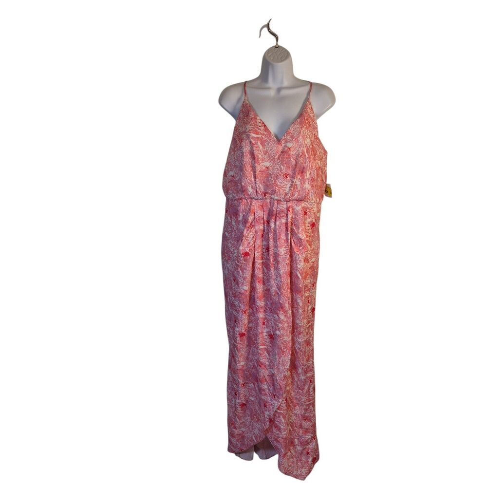 Chelsea28 Women’s Faux Wrap Camisole Maxi Dress Size L Red Pink Paint Splatter